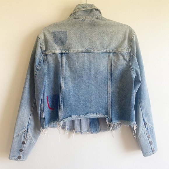 Free People Dillon Cotton Distressed Cropped Denim Jacket Oversize Size XS - Picture 8 of 12